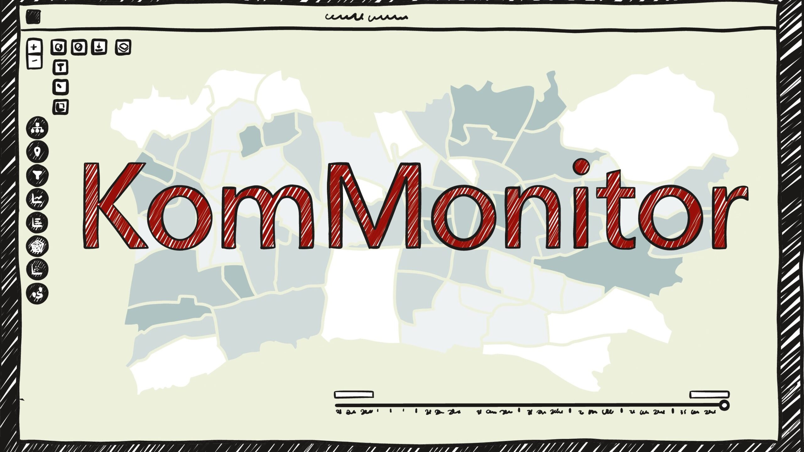 Auf dem Foto steht KomMonitor. Im HIntergrund des grafisch gestalteten Bildes ist eine Art Landkarte skizziert.